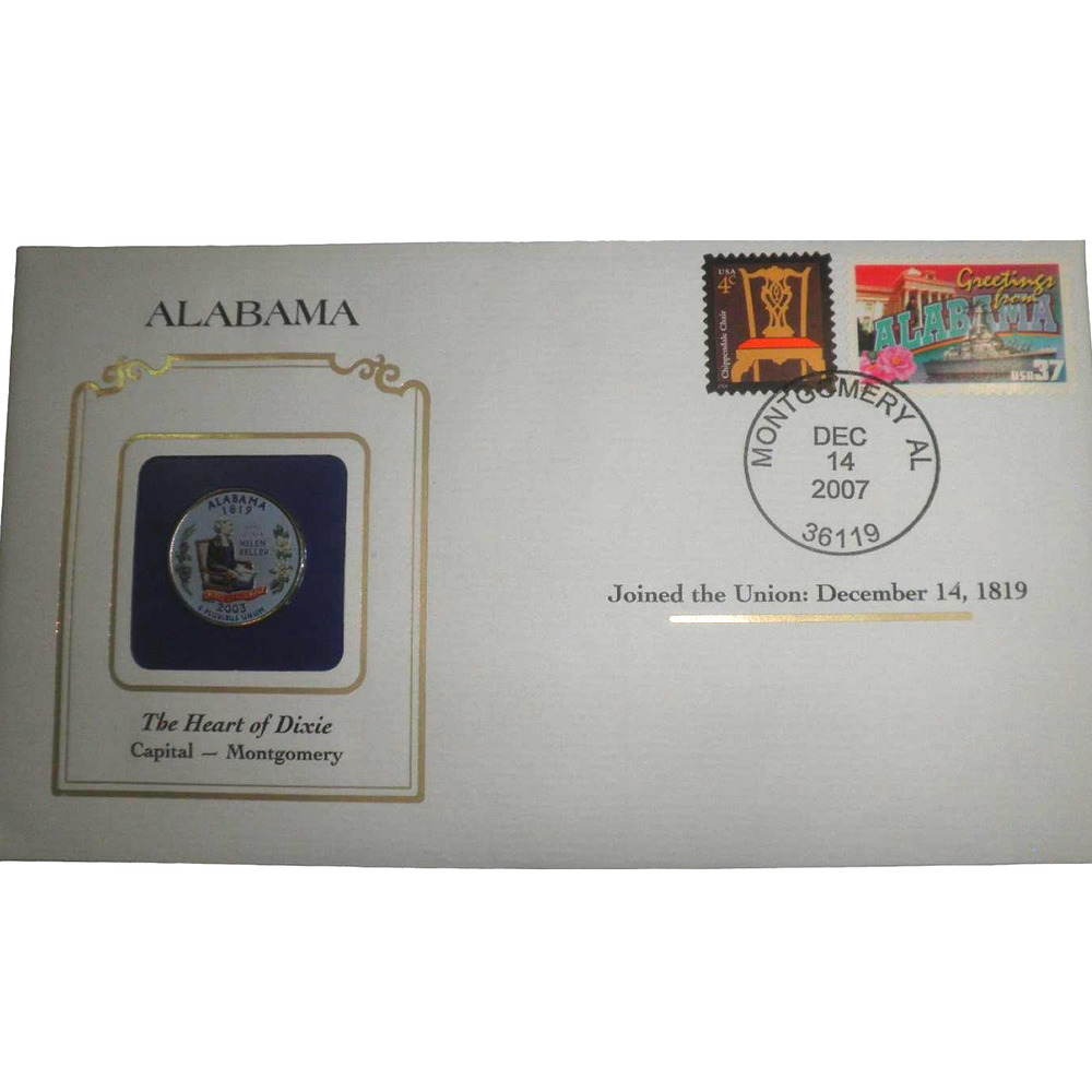 ALABAMA COLORIZED QUARTER & FIRST DAY COVERS BY POSTAL COMMEMORATIVE SOCIETY